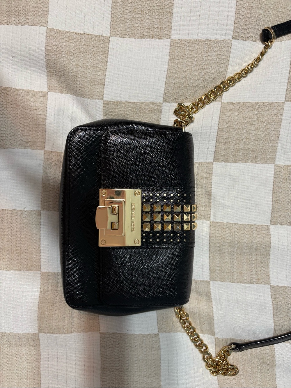 Michael Kors Black Leather Crossbody with Gold Stud Accents